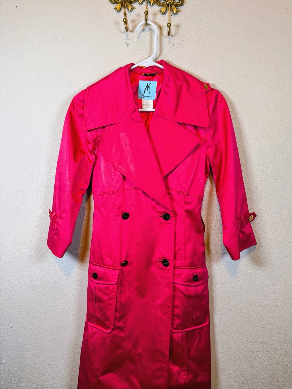 Marciano Hot Pink Double-Breasted Trench Coat with Gold Buttons. Size XS